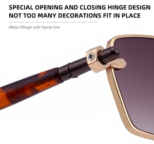Detail of industrial hexagonal nut hinge on golden metal sunglasses with tortoiseshell arms
