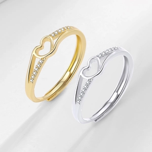 Adjustable heart-shaped open rings in gold and silver finish with sparkling zircon accents