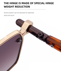 Detail of special weight reduction hinge and adjustable screw on tortoise sunglasses