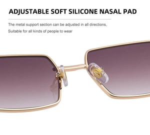 Detailed macro view of adjustable soft silicone nose pads on square metal sunglasses