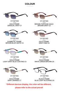 Detailed comparison of eight color options for rectangular metal frame sunglasses