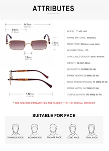 Detailed size specifications for rectangular slim frame sunglasses with tortoiseshell temples