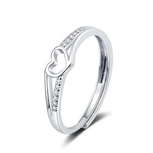 Elegant silver open ring with heart cutout and zircon micro-paving at 45-degree angle