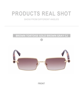 Front view of rectangular narrow frame sunglasses with brown tortoise temples and metal trim
