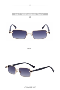 Detailed front and side views of rectangular gold metal frame sunglasses with gradient gray lenses