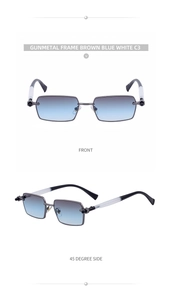 Detailed front and 45-degree angle view of gunmetal rectangular frame sunglasses