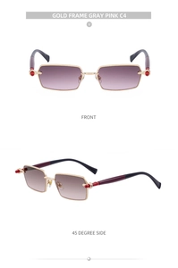 Detail view of gold frame sunglasses with gray pink gradient lenses from two angles