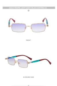 Detail view of gold metal sunglasses with light gray blue gradient lenses and unique temples