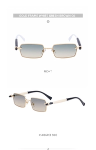 Detail view of gold frame sunglasses with gradient lenses and bicolor temples