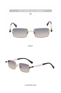 Front and 45 degree side view of gold frame rectangle sunglasses with gray orange lenses