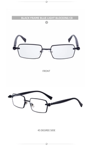 Front and side view of classic black rectangle glasses with blue light blocking lenses