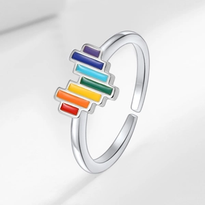 Silver adjustable open ring with colorful rainbow enamel rectangle blocks for women