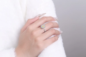 Detail of adjustable sunflower anxiety ring with spinning yellow smiley face and zircon petals