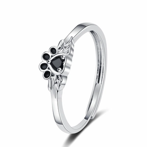 Cute Animal Black Cat Paw Angel Wings Open Adjustable Ring Copper Fashion Jewelry For Women