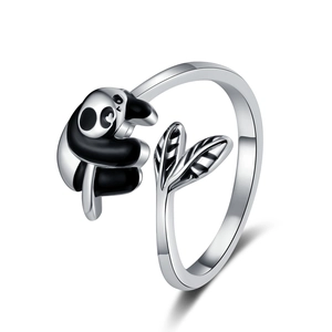Cute Panda Bamboo Open Ring Silver Plated Copper Adjustable Animal Style Fashion Jewelry For Women