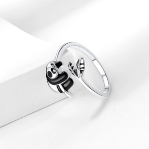 Minimalist silver panda open ring featuring bamboo leaf design and enamel details