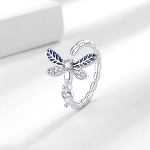 Anello Libellula In Rame Con Smalto Blu E Zirconia Cubica Bianca Fascia Aperta Regolabile Gioielli Da Donna