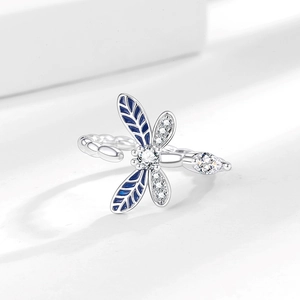Anello a libellula regolabile in argento con smalto blu e brillanti zirconi incastonati