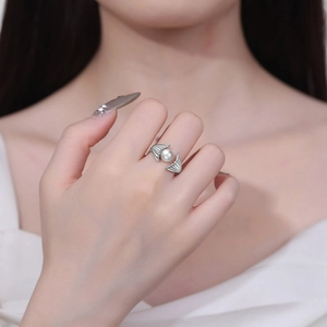Elegant silver mermaid tail open ring with white pearl detail for women's fashion