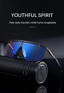 Futuristic metal frame cycling sunglasses with blue coated lenses in macro detail