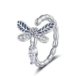 Anello regolabile a forma di libellula in argento con smalto blu e zirconi per donna