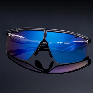 Detailed macro view of blue mirrored sports sunglasses with CE mark on inner temple