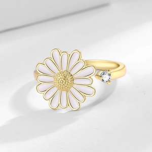 Minimalist spinning daisy open ring with golden band and sparkling crystal stone