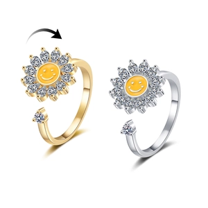Sunflower Spinner Ring Copper Zircon Adjustable Open Band Anxiety Relief Rotating Smile Face Fashion Jewelry For Women