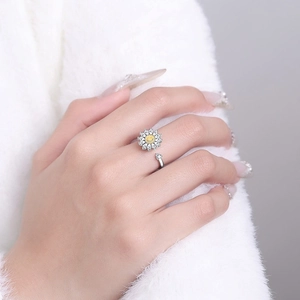 Adjustable sunflower spinner ring with sparkling zircons and a yellow smiley face
