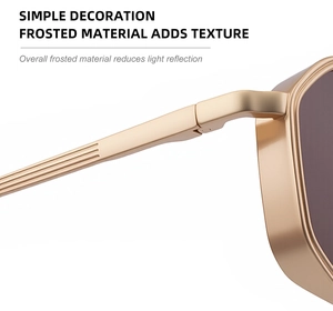 Macro view of matte gold metal hinge and frosted texture on square frame sunglasses