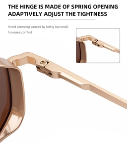 Detail of square sunglasses featuring golden metal spring hinges for a flexible fit