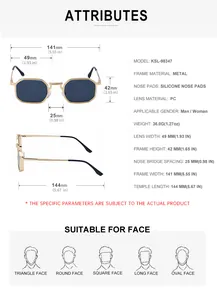 Detailed size chart for square frame sunglasses with metal temples and measurements
