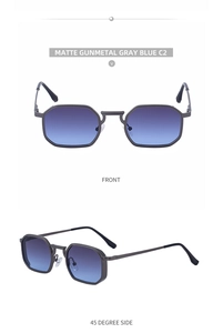Front and 45-degree side view of matte gunmetal square sunglasses with blue gray lenses