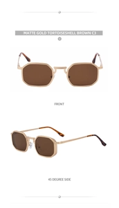 Detail view of matte gold octagonal sunglasses with brown lenses and tortoiseshell tips