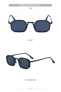 Front and side views of matte black square metal sunglasses with grey lenses