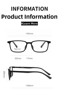 Detailed size specifications for square optical glasses frames with precise measurements