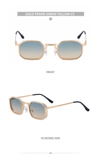 Close-up of gold frame sunglasses with green-yellow gradient lenses and metal temples