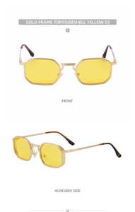 Front and side view of hexagonal gold metal sunglasses with yellow lenses and tortoiseshell tips
