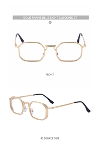 Close-up of champagne gold hexagonal metal frame glasses with blue light blocking lenses