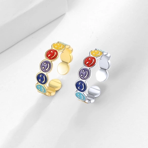 Colorful Smile Face Ring Copper Enamel Drip Oil Open Adjustable Band Retro Fashion Jewelry For Women