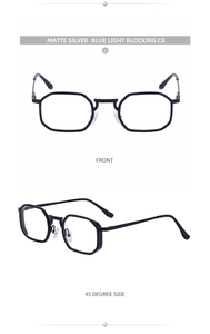 Front and 45-degree side views of square vintage eyewear frames with metallic temples