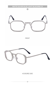 Detail view of matte silver octagon frame glasses with vintage double bridge design