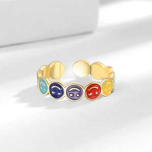 Colorful smiley face enamel open ring in gold finish for women minimalist style