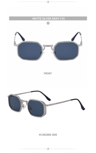 Front and 45-degree views of matte silver octagonal sunglasses with slim metal temples