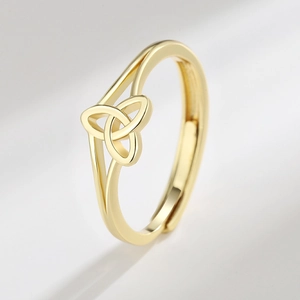 Polished golden adjustable Celtic knot ring with geometric openwork design for women