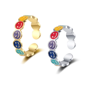 Colorful enamel smiley face rings in gold and silver finish with adjustable open bands