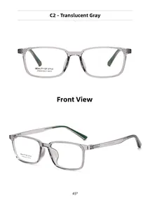 Detail view of transparent grey square optical frames showing sturdy metal hinges