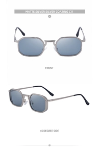 Macro detail of matte silver vintage square sunglasses with textured metal temples