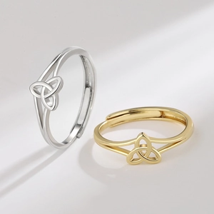 Adjustable triquetra celtic knot open rings in gold and silver finish for women