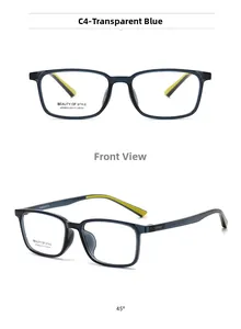 Close-up of transparent blue square optical frame with lemon yellow temple details